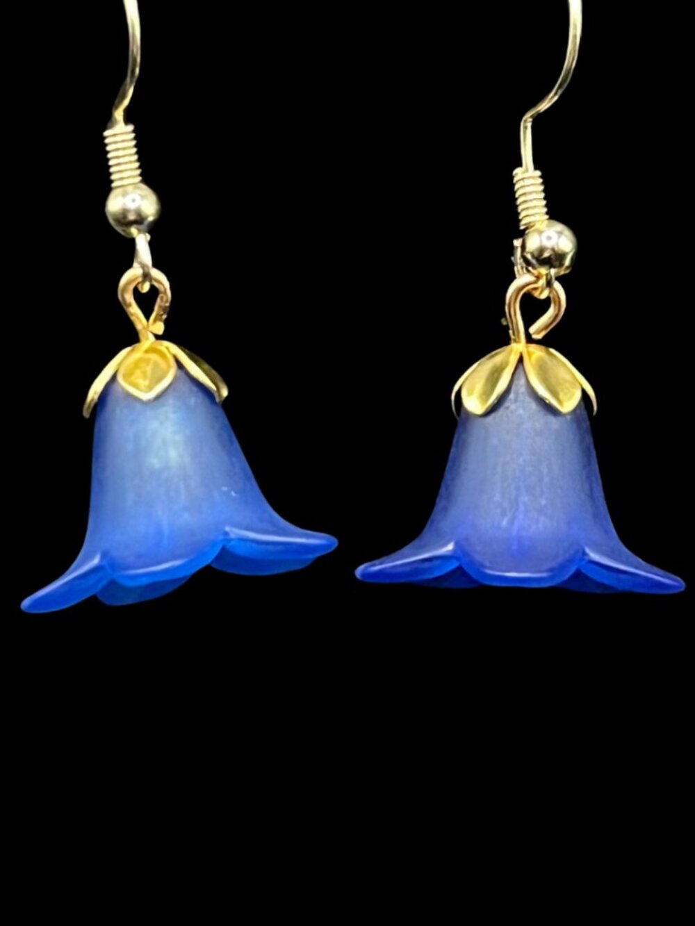 Midcentury Blue Frosted Acrylic Trumpet Flower Blossom Drop Earrings Gold